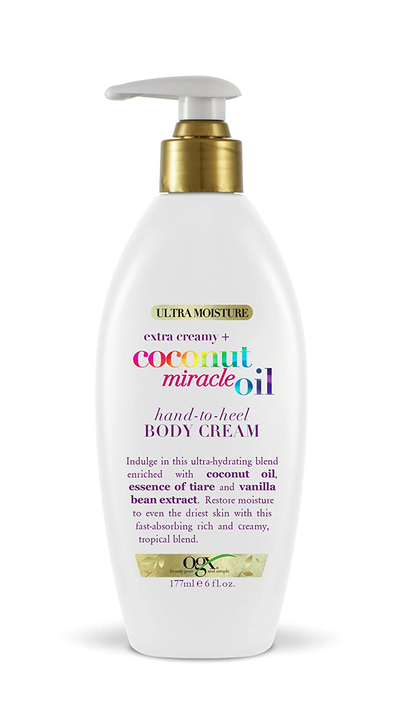 OGX Extra Creamy + Coconut Miracle Oil Hand-to-Heel Body Cream with Vanilla Bean, Fast-Absorbing Body Lotion for Dry Skin, Paraben-Free and Sulfated-Surfactants Free, 6 fl oz
