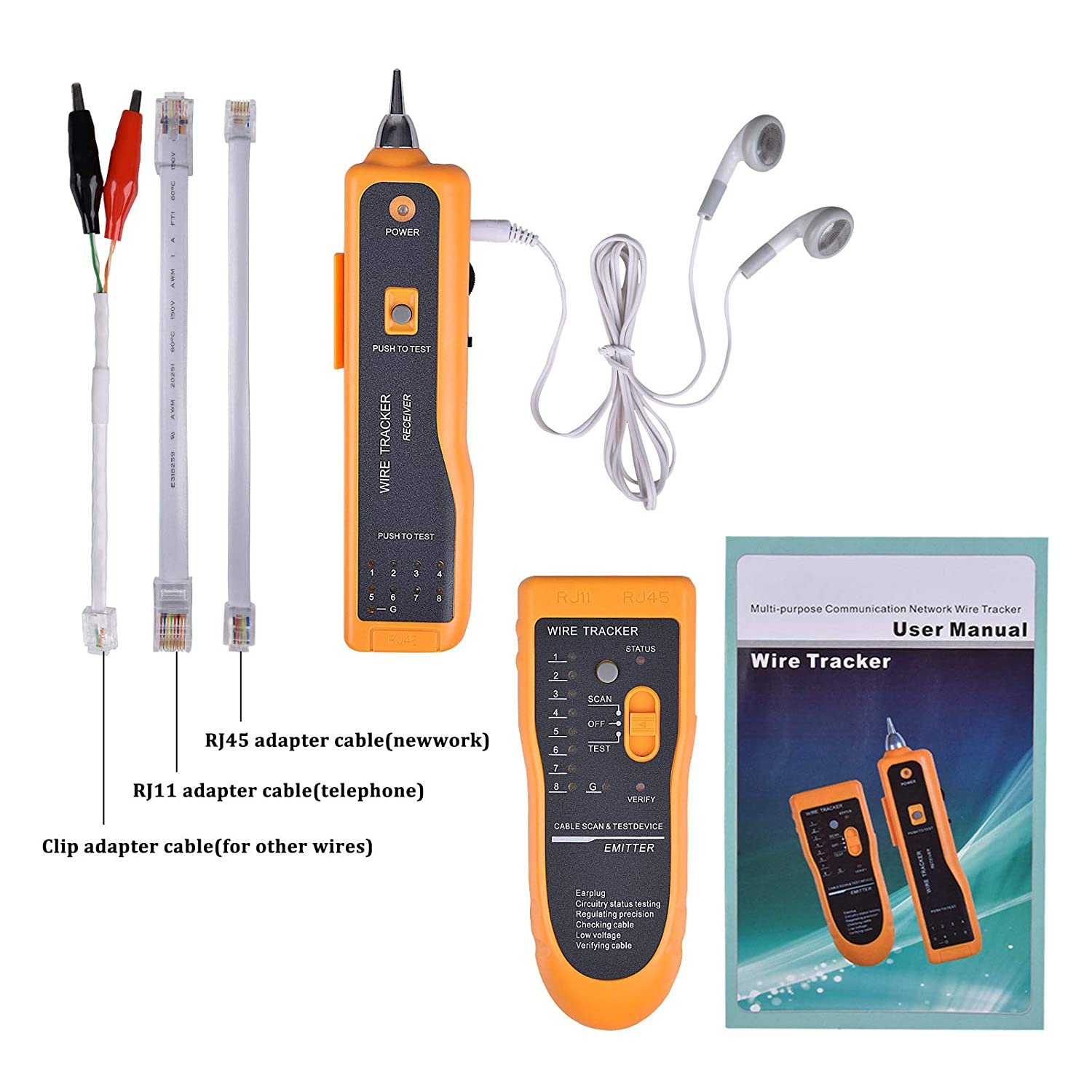 Network Cable Tester, RJ45 RJ11 Multi-Function Wire Tracer and Circuit Tester with Earphone for Cable Collation, Network & Telephone Line Test, Yellow