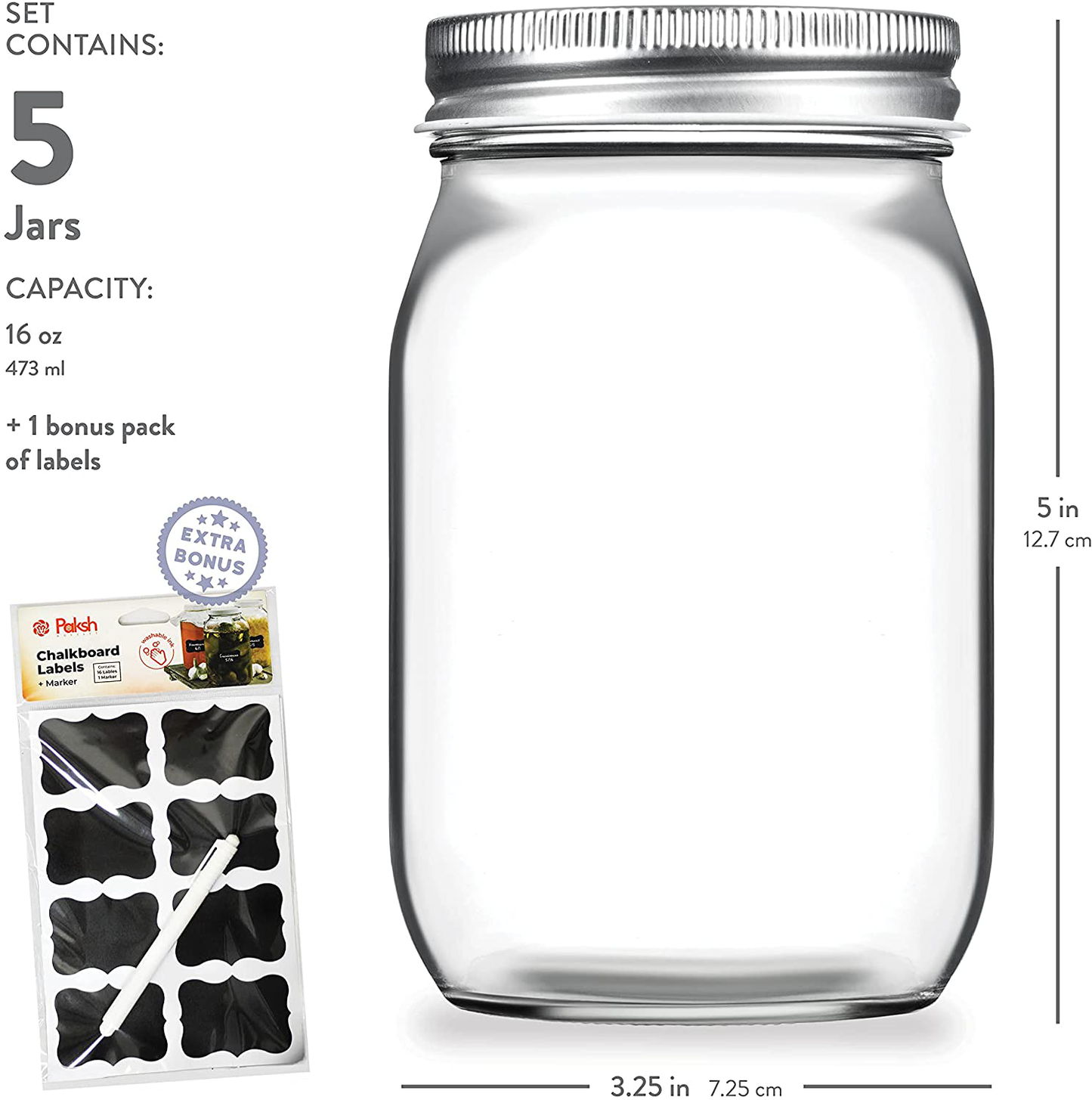 Regular-Mouth Glass Mason Jars, 16-Ounce (10-Pack) Canning Jars with Silver Metal Airtight Lids for Meal Prep, Food Storage, Canning, Jelly, Dry Food, Spices, Salads, Yogurt with Chalkboard Labels Set