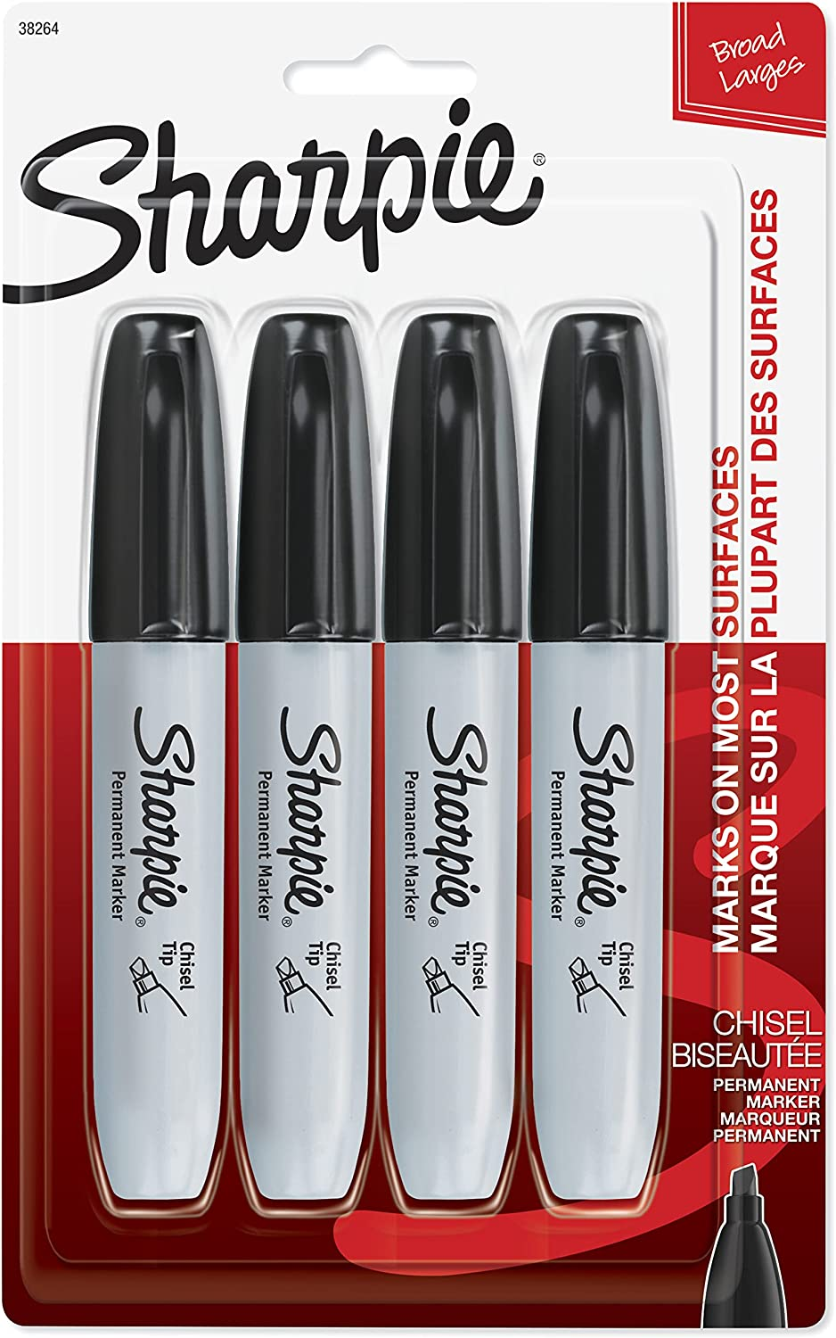 Sharpie 38264PP Permanent Markers, Chisel Tip, Black, 4 Count