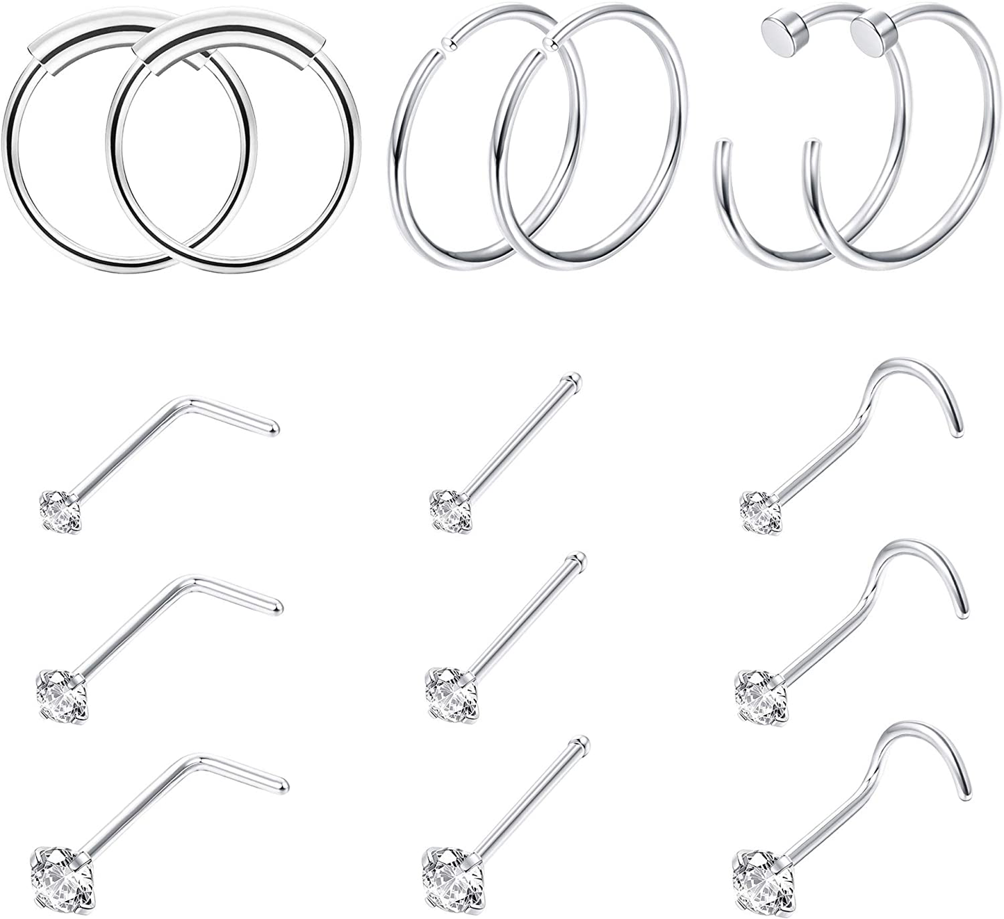 Finrezio 15PCS 22G Surgical Steel Nose Rings Hoop Studs Cartilage Earrings Body Piercing Jewelry 1.5mm 2mm 2.5mm CZ