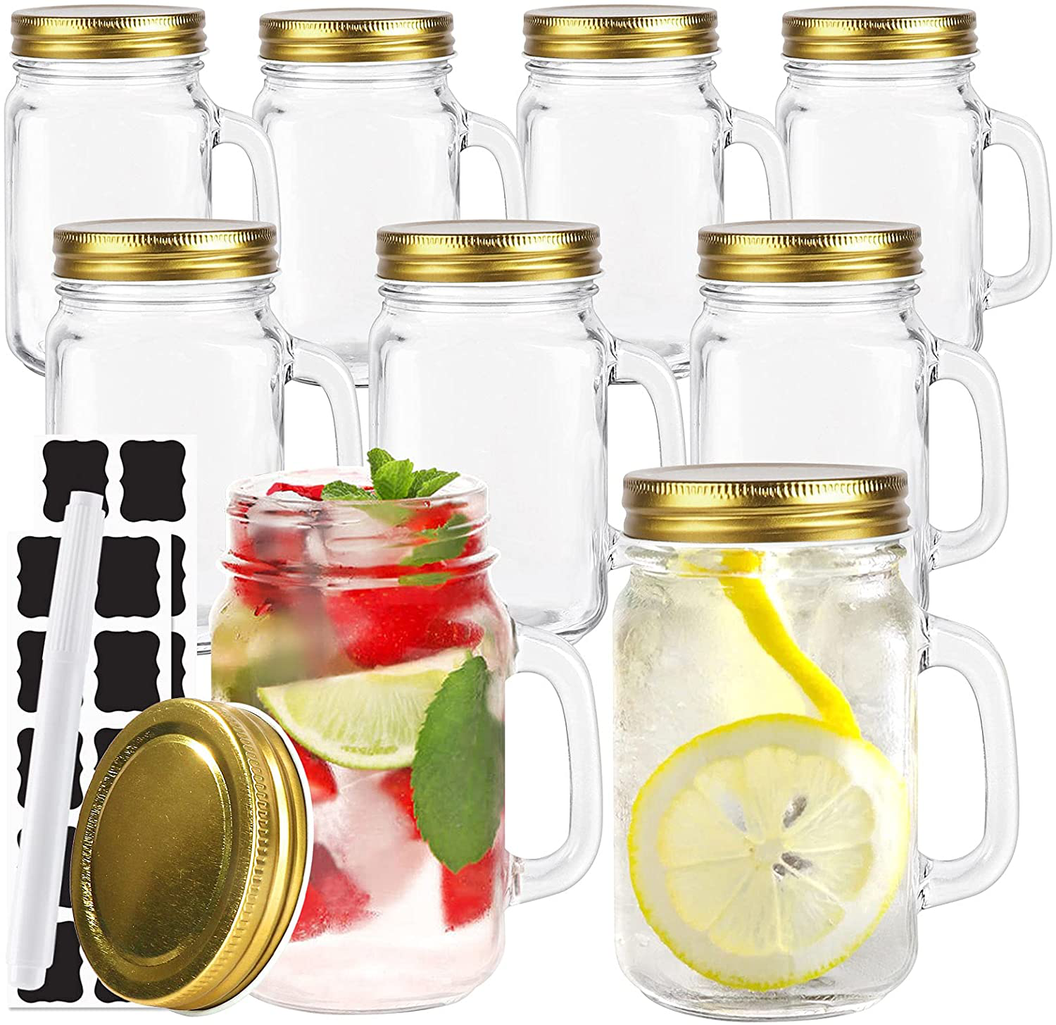 16 oz Glass Mason Jars With Handle, 500 ml Drinking Mugs with Regular Mouth Lids,Set of 9, Perfect Drinking Jars for Jam, Honey, Tea, Juice, Milk. Included 1 Pens and 20 Labels.