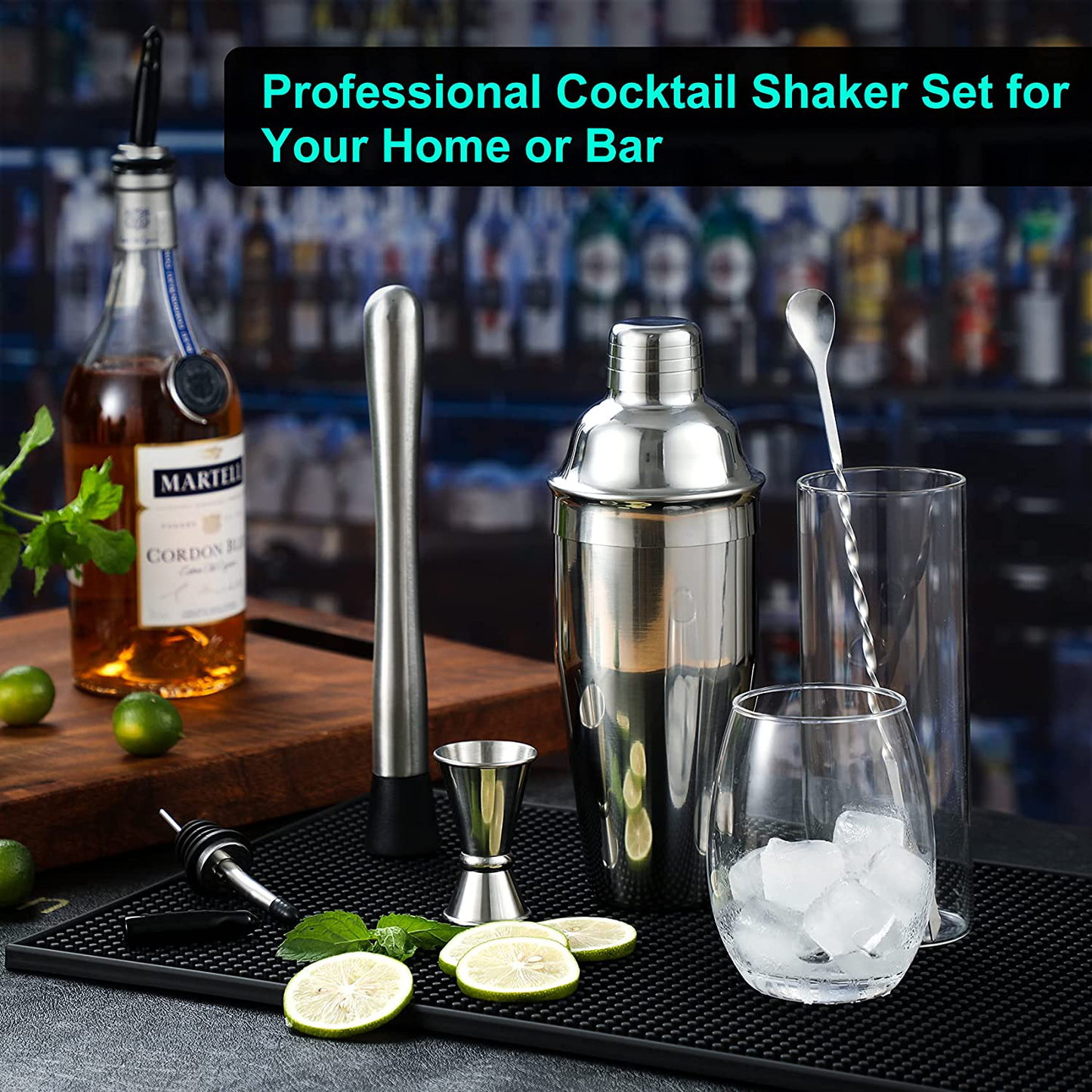 24 oz Cocktail Shaker Set Bartender Kit by Aozita, Stainless Steel Martini Shaker, Mixing Spoon, Muddler, Measuring Jigger, Liquor Pourers with Dust Caps and Manual of Recipes, Professional Bar Tools