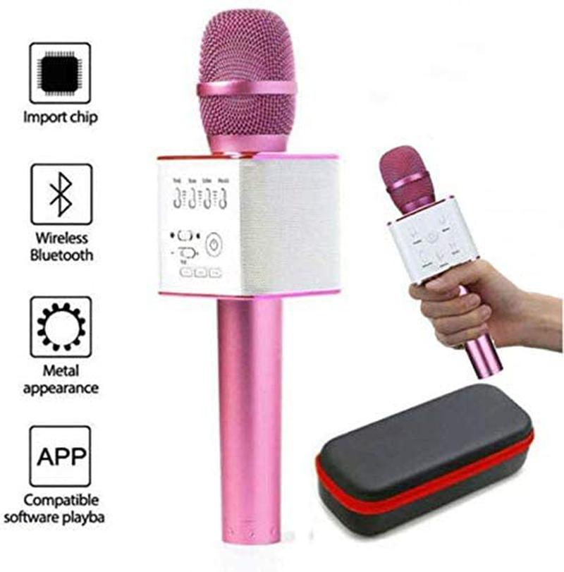 Q9 Portable Karaoke Microphone Wireless Bluerooth Handheld Mic KTV USB Speaker Player Mini Home KTV Music Machine System-Pinkrose