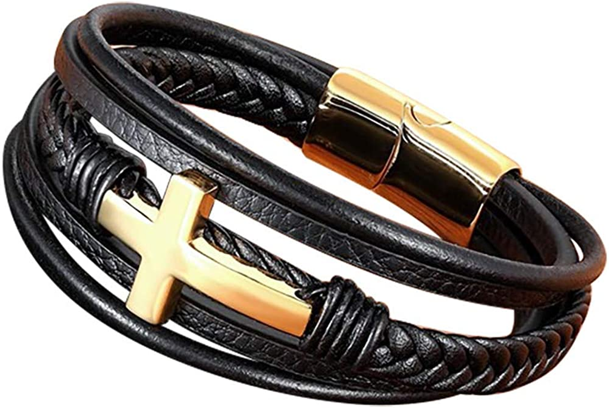 Multi-Layer Braided Leather Bracelets with Magnetic Clasp Mens Cuff Bracelets for Men Genuine Leather Bracelet Christian Leather Bracelet Cross Religious Leather Bracelets