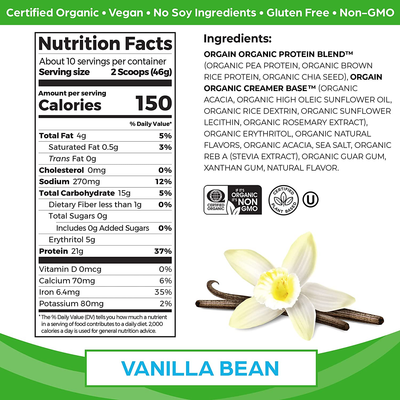 Orgain Organic Plant Based Protein Powder, Vanilla Bean - 21G of Protein, Vegan, Low Net Carbs, Non Dairy, Gluten Free, Lactose Free, No Sugar Added, Soy Free, Kosher, 1.02 Pound (Packaging May Vary)