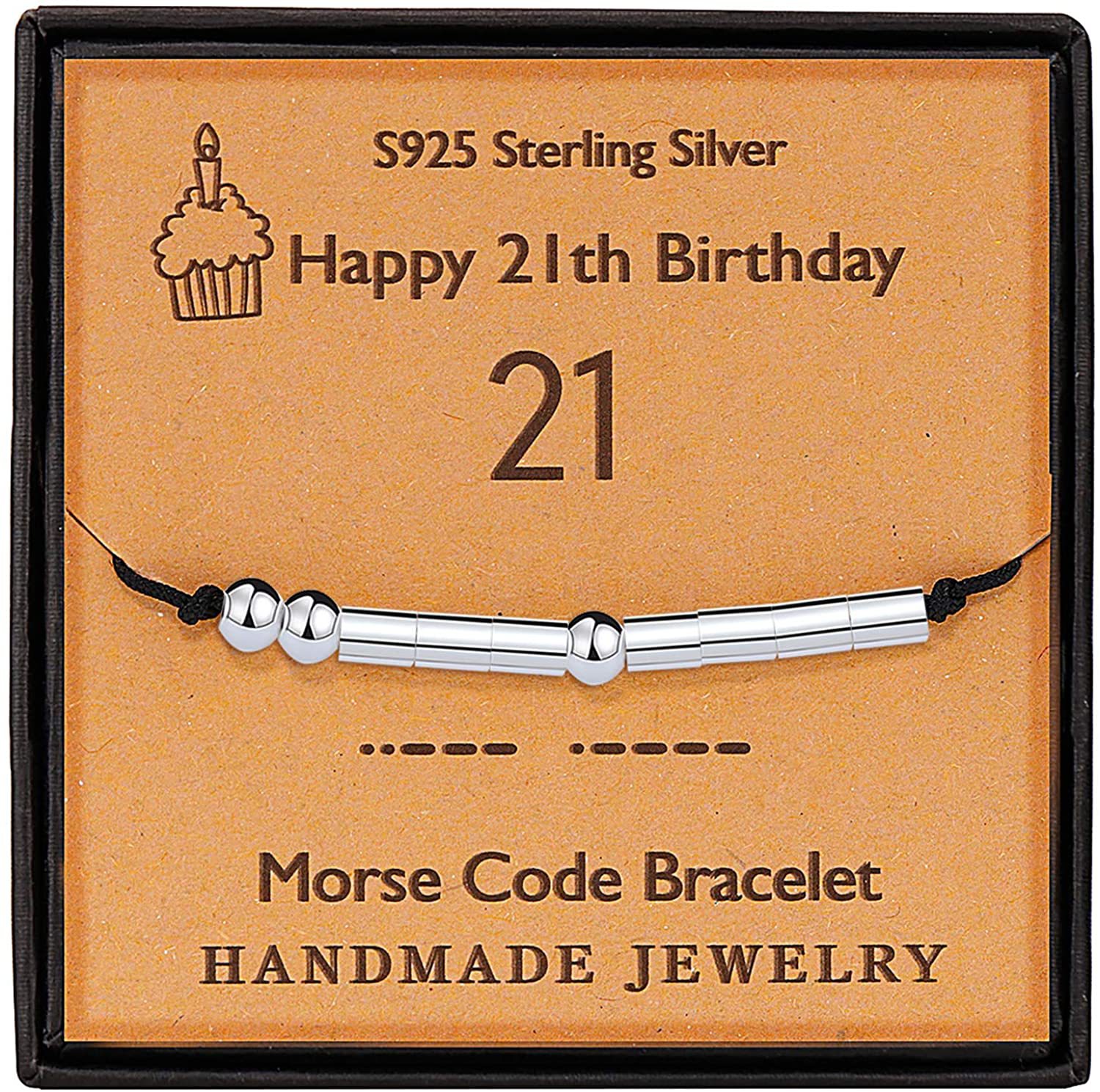 Gleamart Birthday Gift Morse Code Bracelet Sterling Silver Beads Silk Cord Bangle for 12th 13th 14th 15th 16th 17th 18th 19th 20th 21st