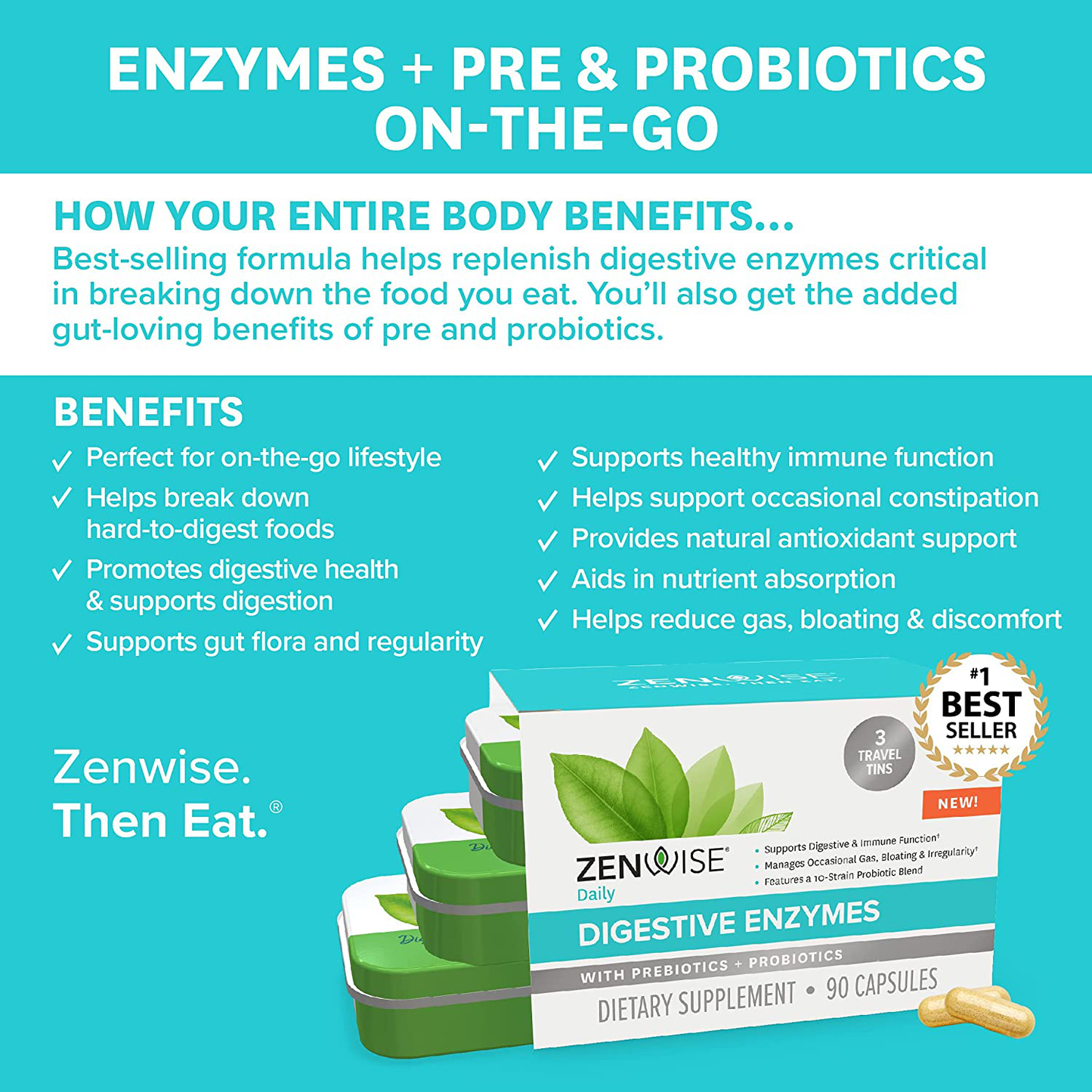 Zenwise Digestive Enzymes Probiotics and Prebiotics - Digestion and Bloating Relief for Women and Men, Lactose Absorption with Amylase & Bromelain