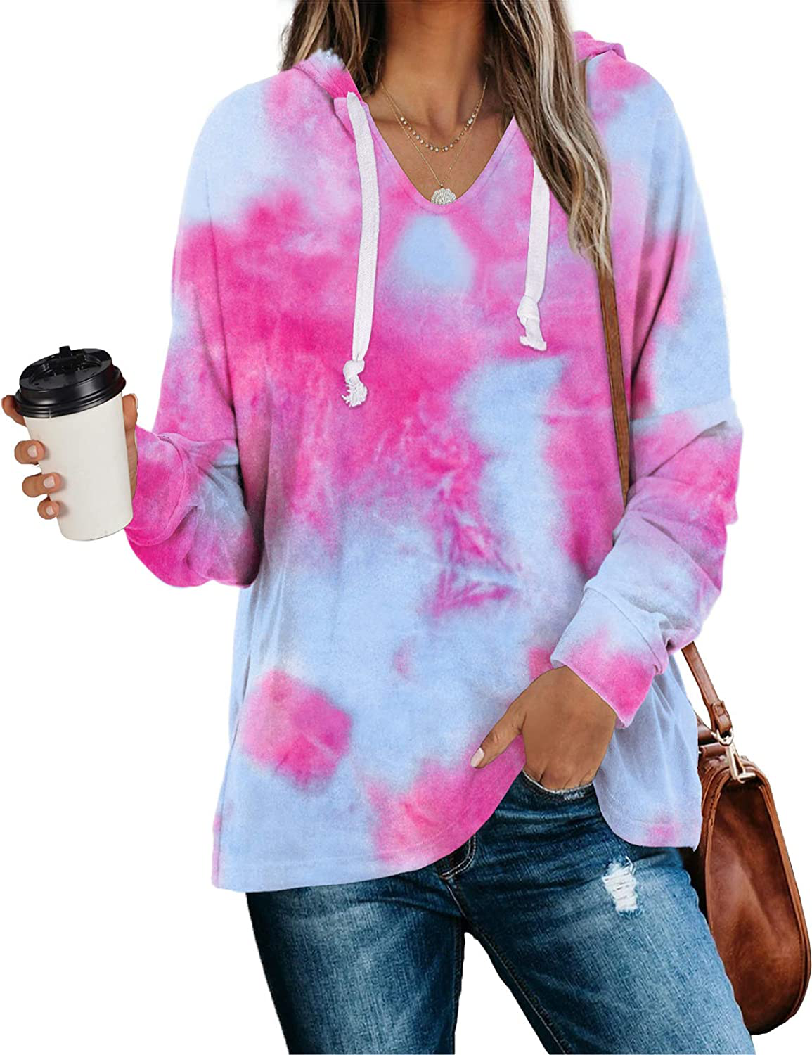 WIHOLL Women's V Neck Hoodie Sweatshirts Tie Dye Casual Long Sleeve Pullover Tops