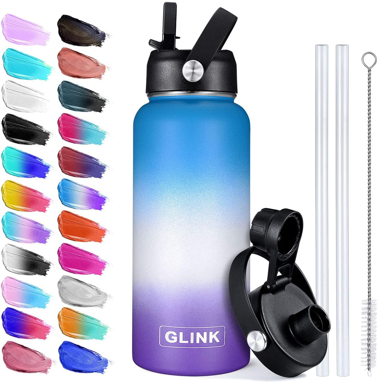 Glink Stainless Steel Water Bottle with Straw, 32-40 oz Wide Mouth Double Wall Vacuum Insulated Water Bottle Leakproof, Straw Lid and Spout Lid with New Rotating Rubber Handle