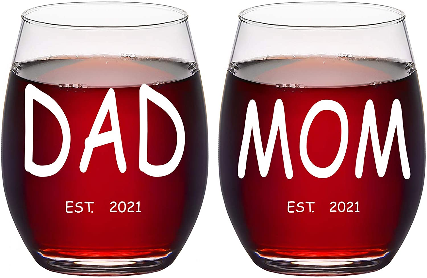 Dad and Mom Wine Glass Set - Est 2021 New Mom and Dad Stemless Wine Glass 15Oz