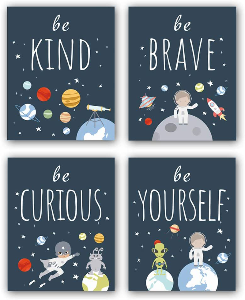 Unframed Inspirational Art Print, Outer Space Planet Wall Art Painting ,Set of 4（8" x10" ）Be Kind Be Brave Be Curious Be Yourself Quote Canvas Posters For Boys Bedroom Nursery Decor