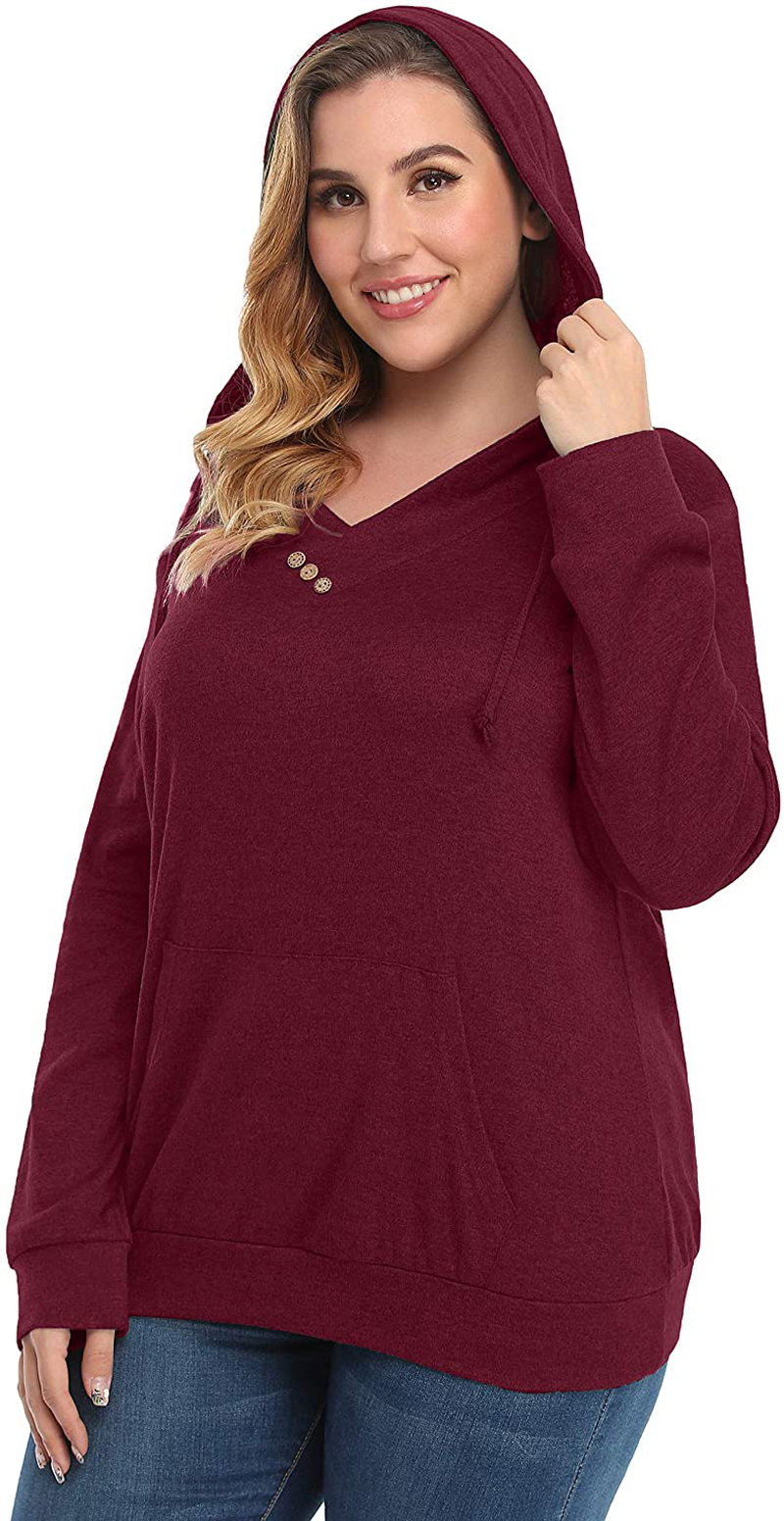 Fulbelle Women V Neck Puls Size Long Sleeve Kangaroo Pocket Thin Hoodie XL-4XL