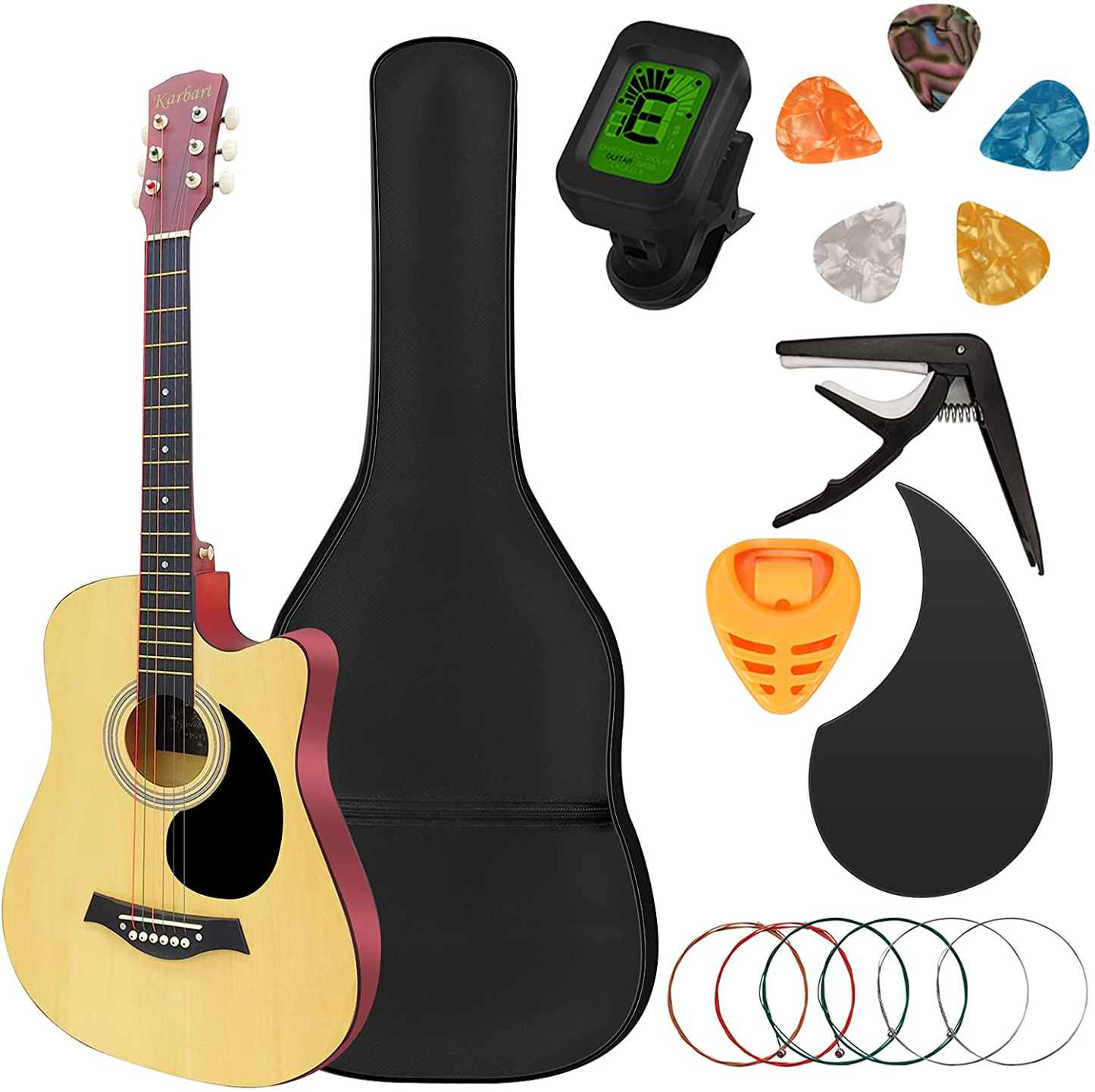 Karbart 38In Wood Acoustic Guitar Starter Kit for Beginners with Guitar Accessories Package,5 Pcs Guitar Picks,Guitar Tuner,Guitar Bag,Guitar Strap,Guitar Strings