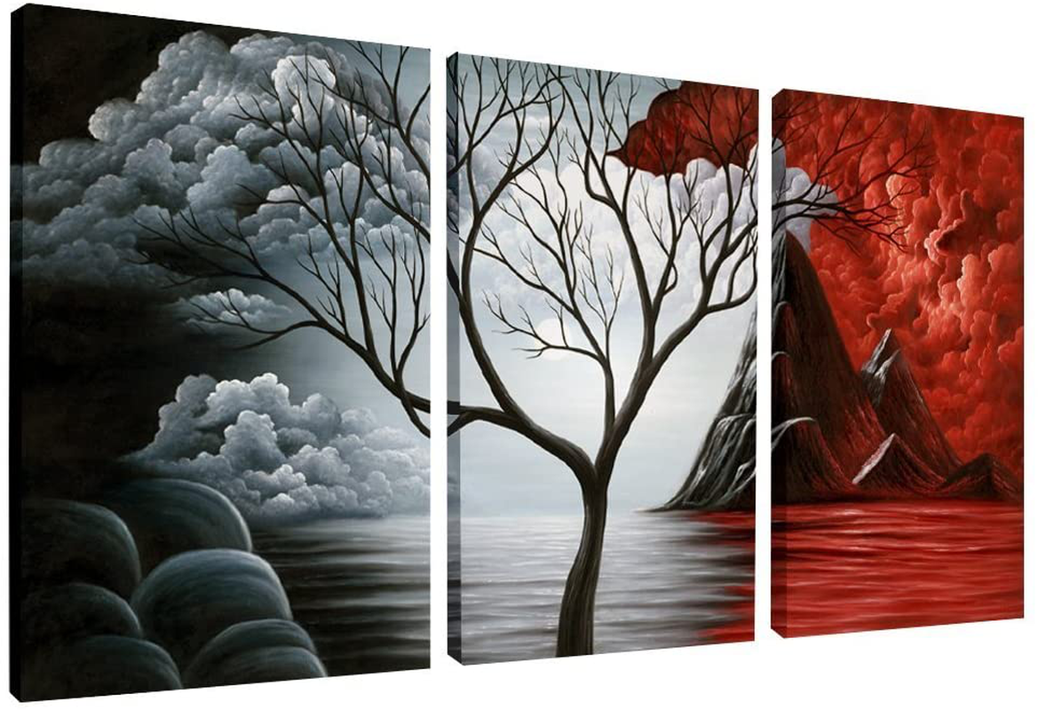 Wieco Art Framed Art the Cloud Tree Wall Art HD print of Oil Paintings Giclee Landscape Canvas Prints for Home Decorations, 3 Panels with Black Frames WAB3006M-BF