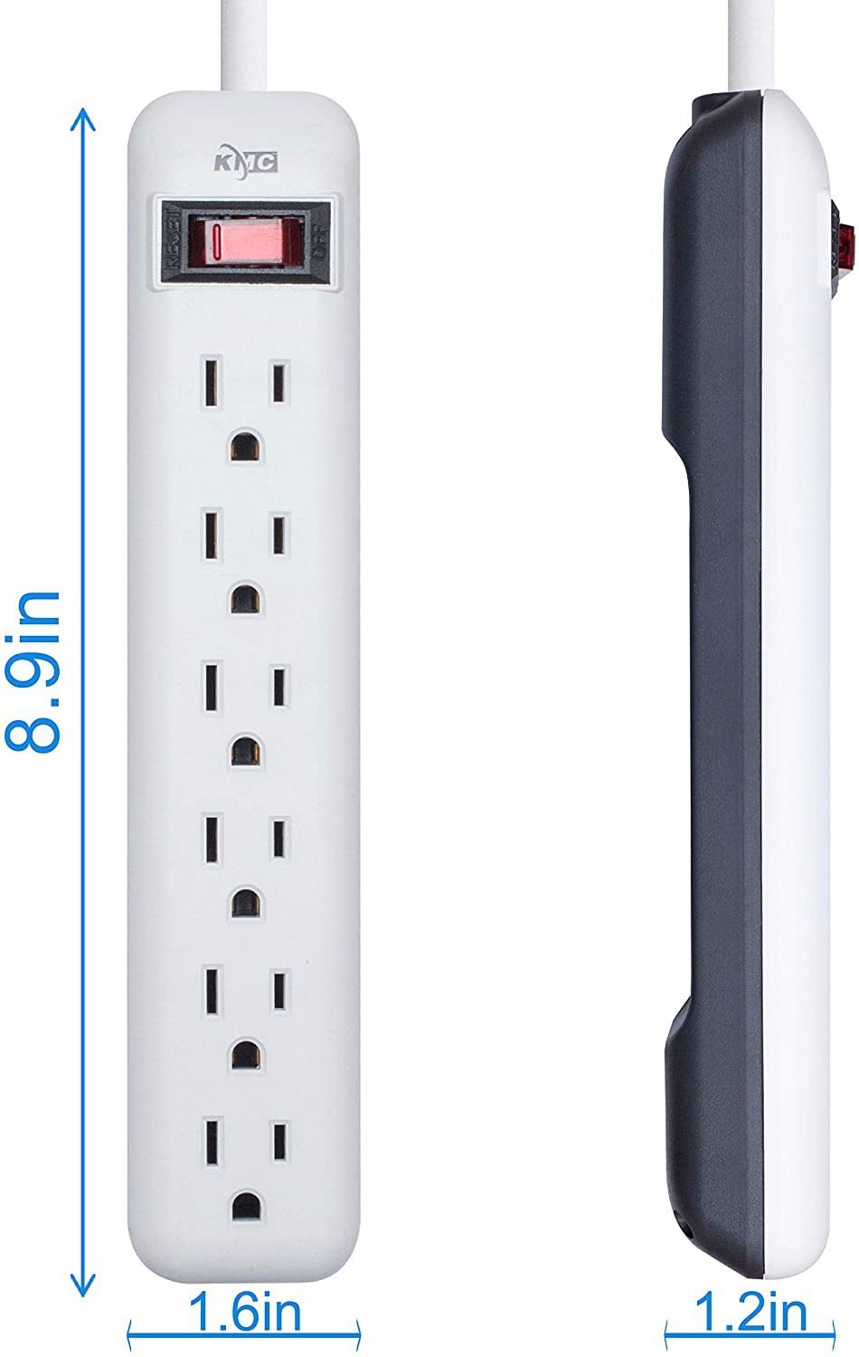 KMC 6-Outlet Power Strip, Overload Protection, 3-Foot Cord, White
