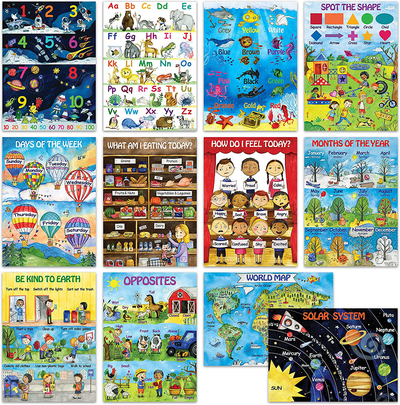 12 Kids Educational Posters for Preschoolers & Toddlers –13x18 | Large Preschool Wall Posters for Homeschool Teaching, Distance Learning, Daycare & Kindergarten | ABC Alphabet Poster, 123 Chart & More