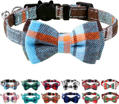Joytale Breakaway Cat Collar with Bow Tie and Bell, Cute Plaid Patterns, 1 Pack Kitty Safety Collars,Haze Blue