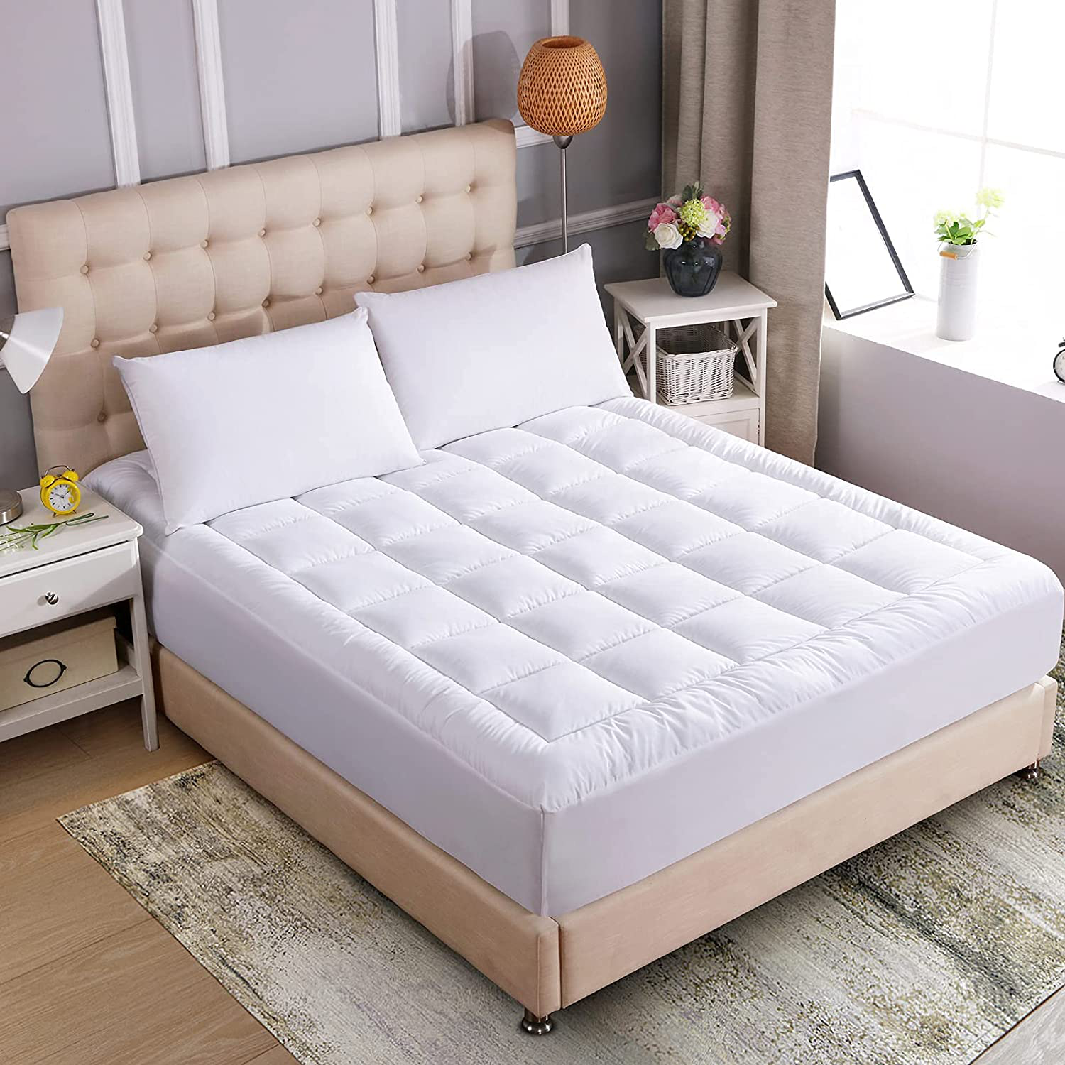 WhatsBedding Waterproof Mattress Pad Twin XL Size Cotton Top Down Alternative Filling Pillowtop Mattress Topper Cover-Fitted Quilted (Waterproof Twin XL)