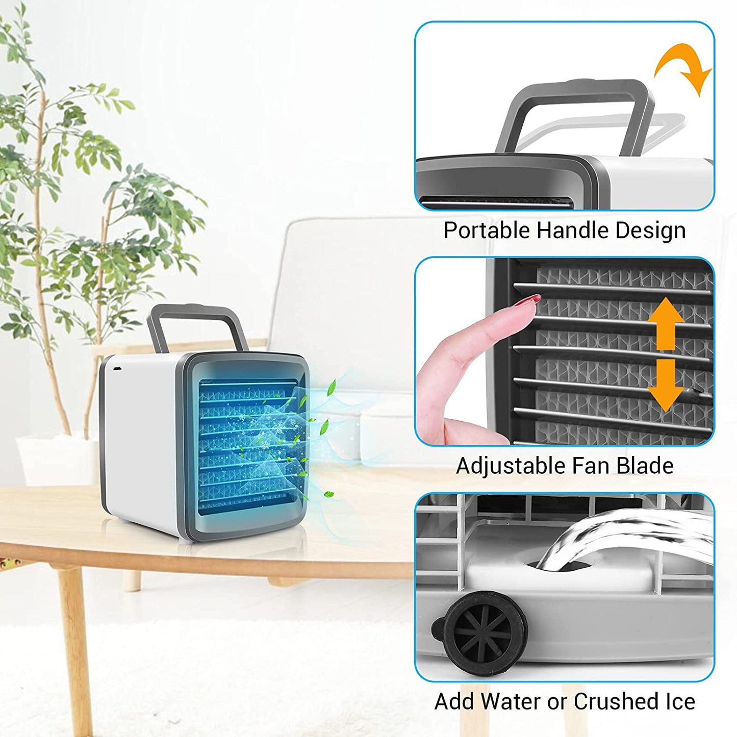 Personal Air Conditioner, Portable Air Cooler Fan with Handle, 4 in 1 Mini Evaporative Cooler USB Rechargeable Desk Fan, Cooling Mist Humidifier with Colorful Led Night Light for Room/Office/Dorm/Bedroom, Grey