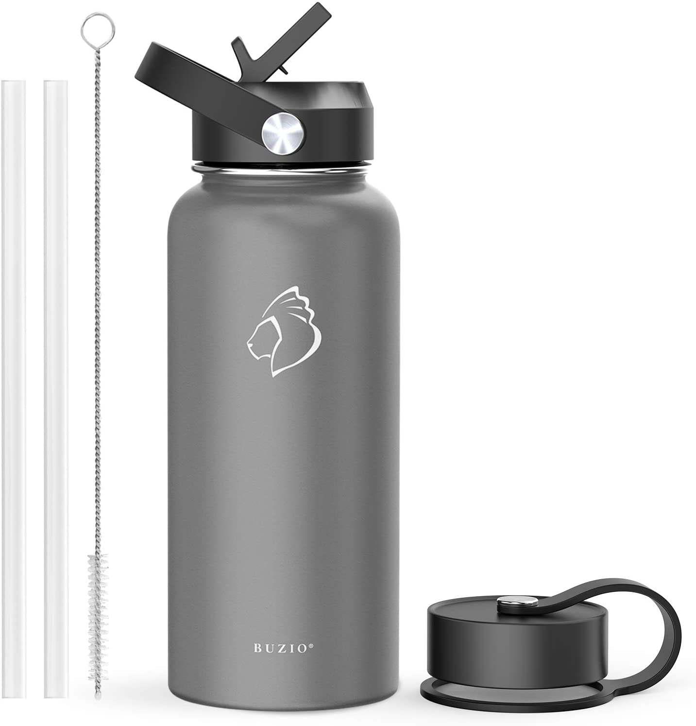 BUZIO Insulated Water Bottle with Straw Lid and Flex Cap, 32oz, 40oz, 64oz, 87oz Modern Double Vacuum Stainless Steel Water Flask, Cold for 48 Hrs Hot for 24 Hrs Simple Thermo Canteen Mug,BPA-Free