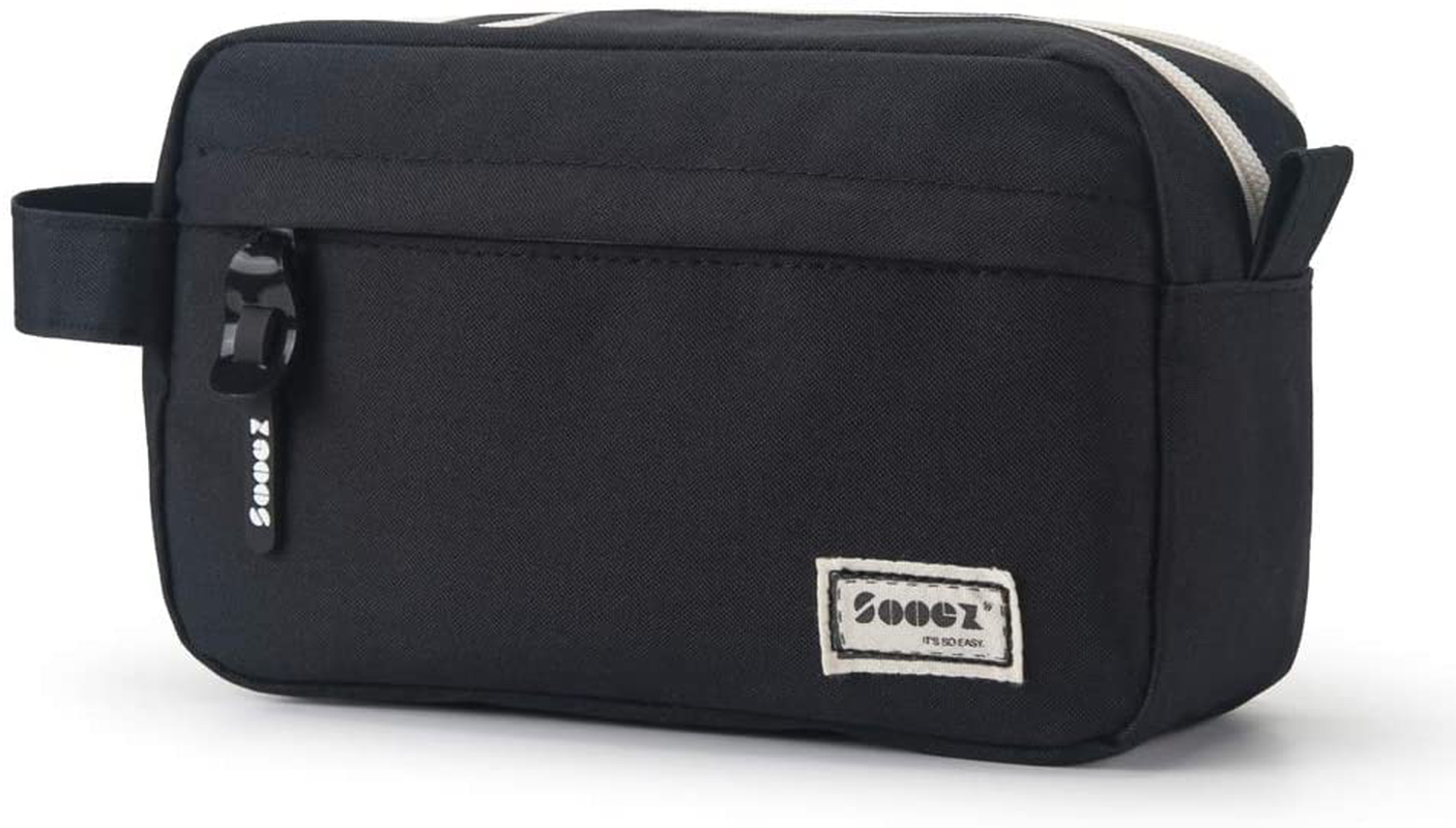 Sooez High Capacity Pen Case Black, Durable Pencil Bag Stationery Pouch Zipper, Portable Journaling Supplies with Easy Grip Handle & Loop