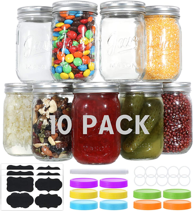 Aozita10 PACK Glass Mason Jars 12 oz, Regular Mouth Canning Jars with Metal Airtight Lids, Leak-Proof Colored Lids, Chalkboard Labels, Marker, for Meal Prep, Food Storage, Canning, Preserving