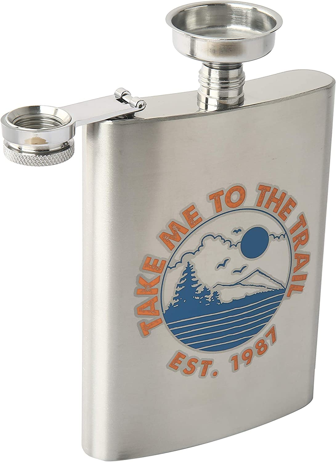 TUGG Ozark Trail 7.5Oz Stainless Steel Flask with Attached Cap and Easy-Pour Funnel (Take Me to the Trail)