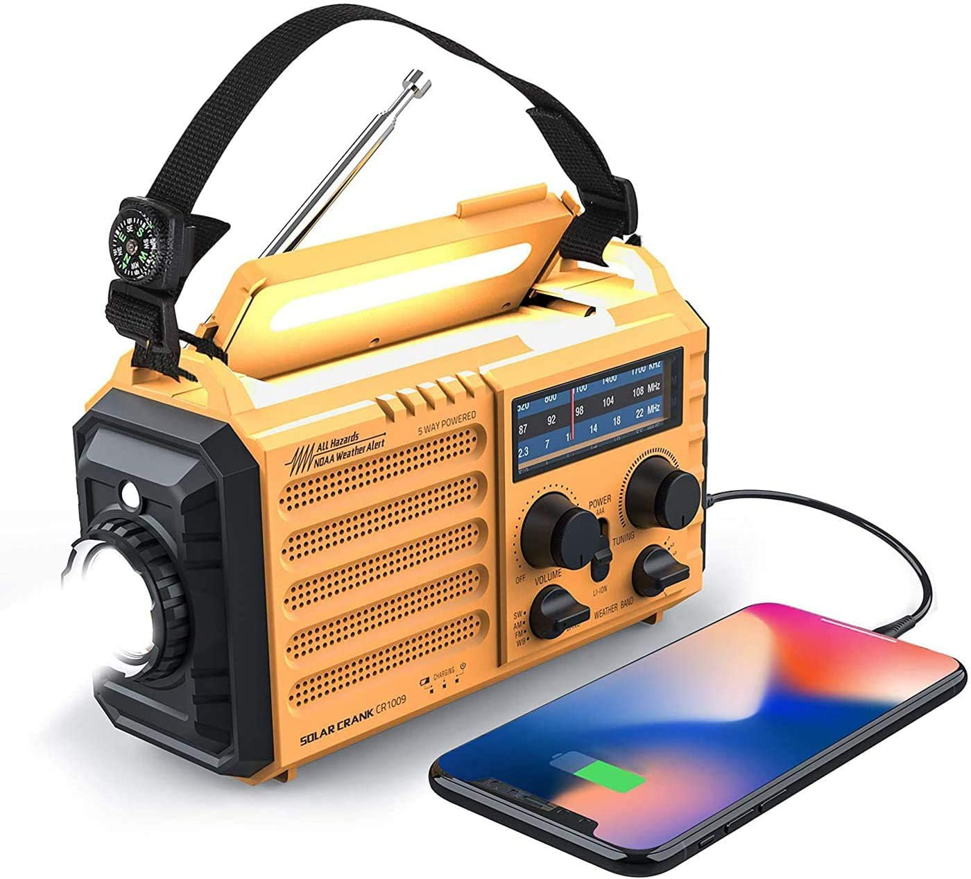 Weather Radio Raynic 5000mAh Solar Hand Crank Emergency Radio 5 Ways Powered AM/FM/SW/NOAA Weather Alert Portable Radio with Flashlight, Reading Lamp, Cellphone Charger and SOS Alarm (Yellow)