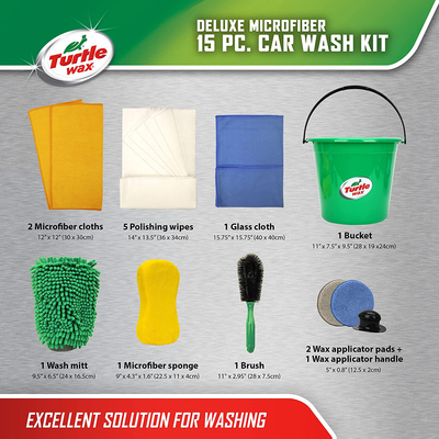 Turtle Wax 15-Peice Car Wash Bucket and Detailing Kit: Wash Mitt, Sponge, 2 Microfiber Cloths, Wax Applicator with 2 Pads, 5 Polishing Wipes, and Brush