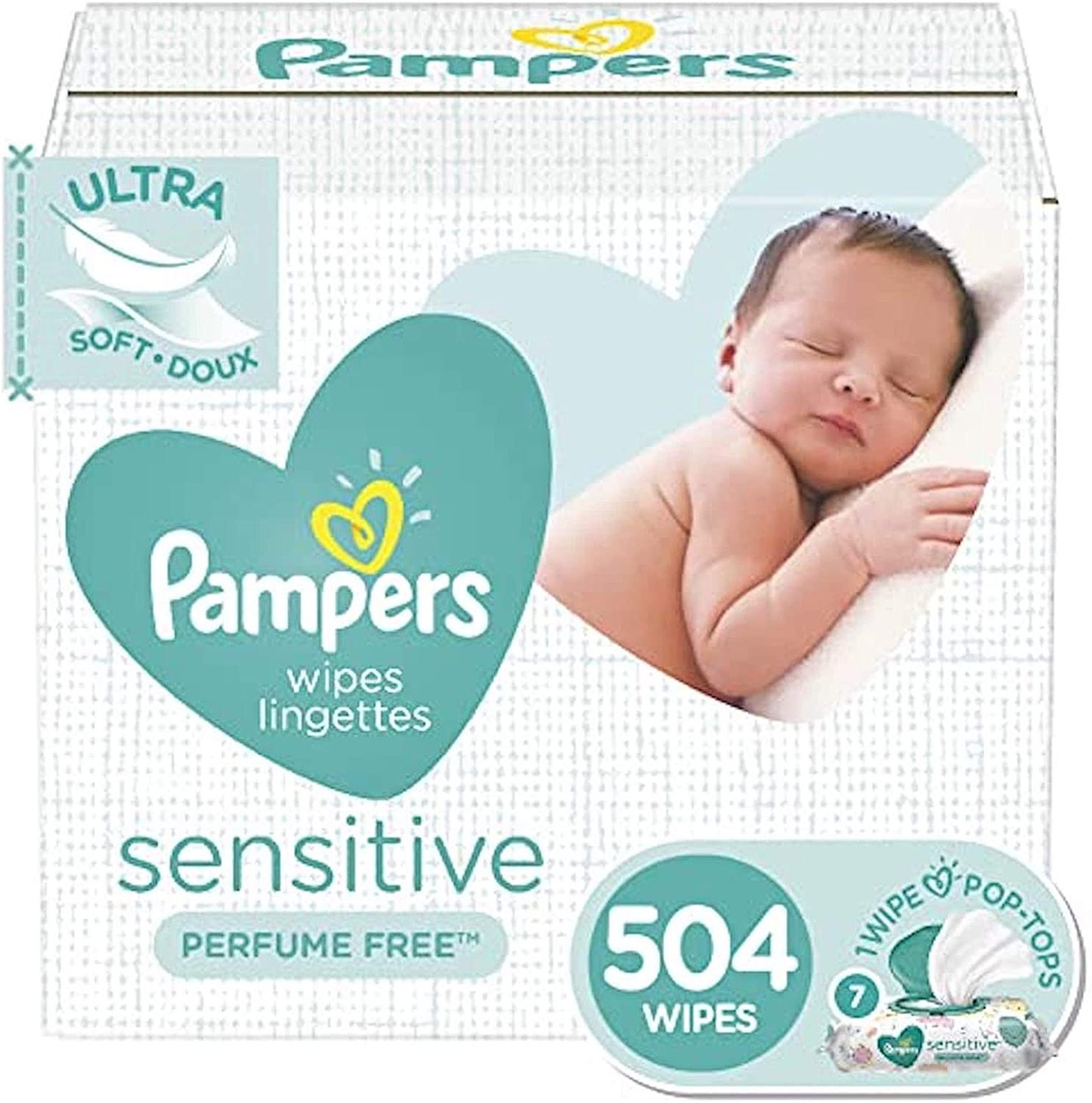 Baby Wipes, Pampers Sensitive Water Based Baby Diaper Wipes, Hypoallergenic and Unscented, 7 Pop-Top Packs, 504 Count Total Wipes (Packaging May Vary)