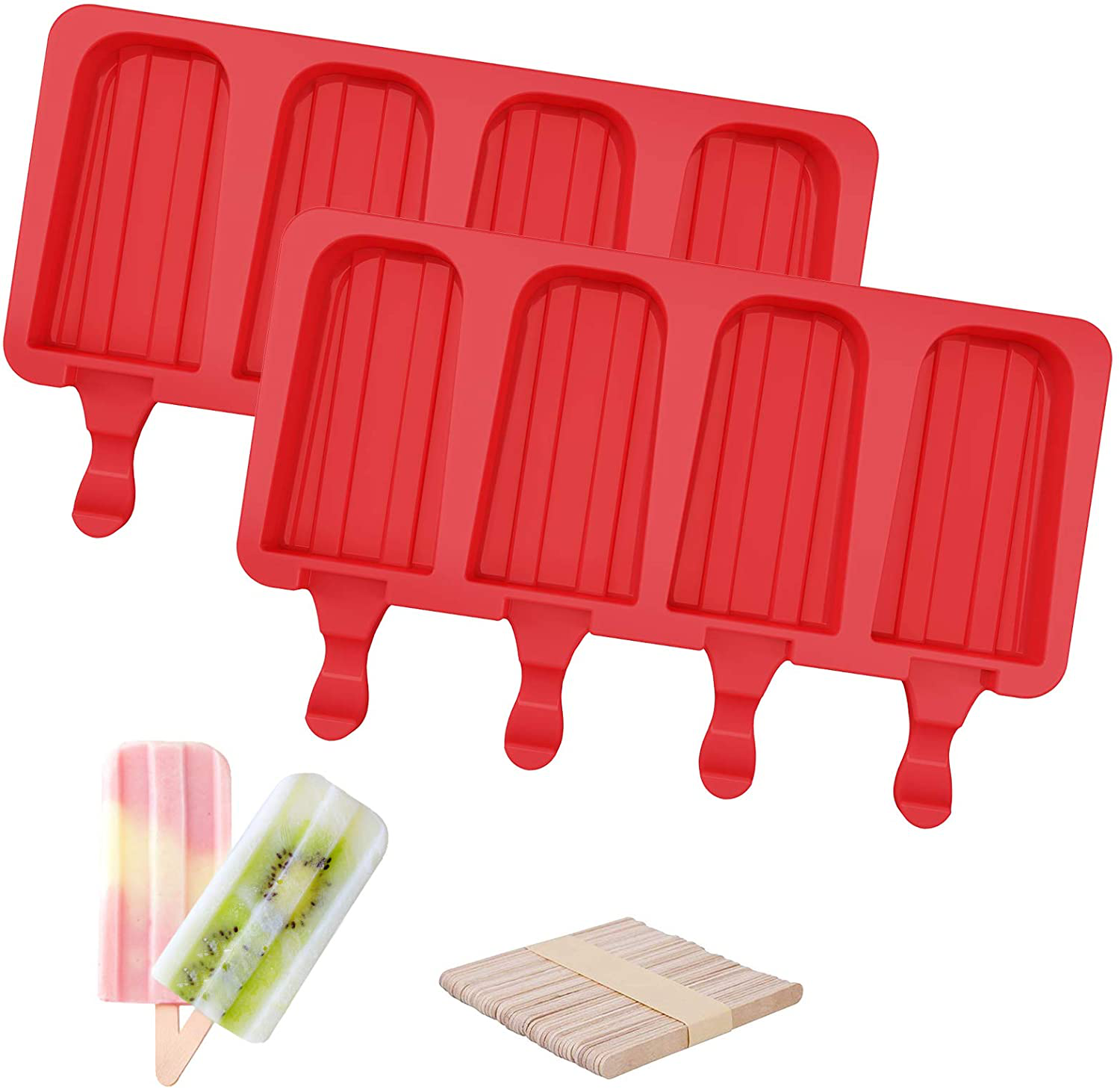 Ozera 2 Pack Popsicle Molds, 4 Cavities Homemade Silicone Popsicle Molds Easy Release Ice Pop Molds with 50 Wooden Sticks for DIY Ice Popsicle