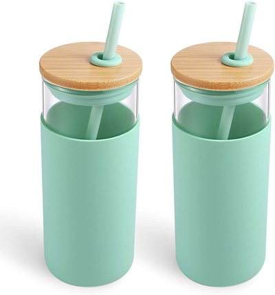 tronco 20oz Glass Tumbler Glass Water Bottle Straw Silicone Protective Sleeve Bamboo Lid - BPA Free (Midnight Green 2Pack)