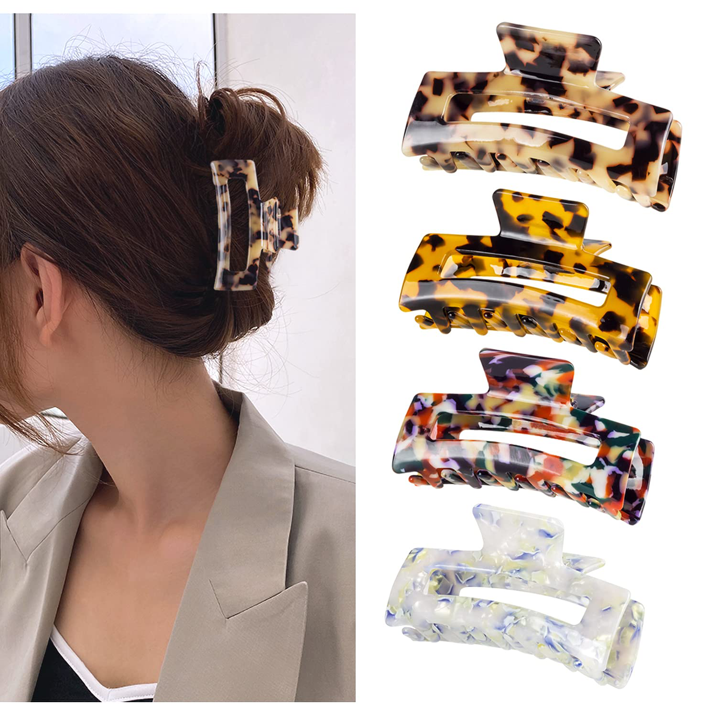SWSTINLING 4 Pieces Hair Claw Clips, Acrylic Celluloid French Design Jaw Clips, Leopord Print Tortoise Shell Grip Pin Teeth Clamp Strong Hold Hair Accessories for Women Girls