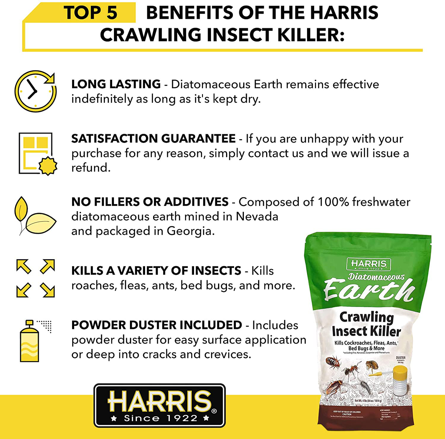 HARRIS Diatomaceous Earth Crawling Insect Killer, 4lb with Powder Duster Included Inside The Bag