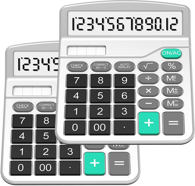 Calculator, Splaks Standard Functional Desktop Calculator Solar and AA Battery Dual Power Electronic Calculator with 12-Digit Large Display (2 Updated Silver)