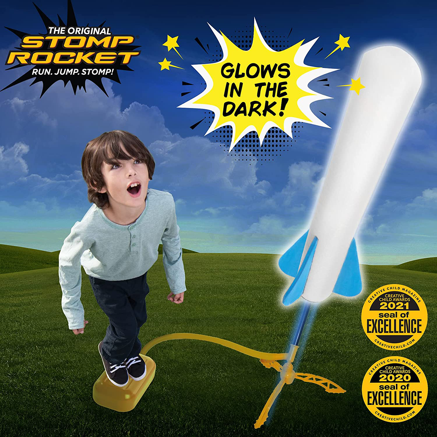 Stomp Rocket The Original Jr. Glow Rocket Launcher, 4 Foam Rockets and Toy Air Rocket Launcher - Glows in The Dark, STEM Gift for Boys and Girls Ages 3 Years and Up - Great for Year Round Play