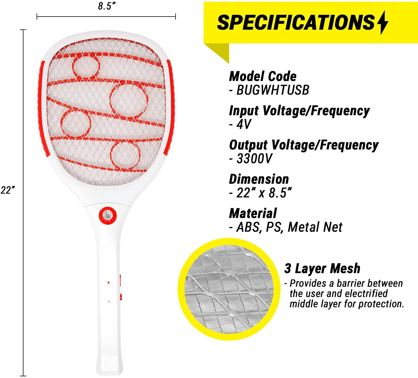 2PK of USB Rechargeable Electric Bug Zapper 3300V, Mosquito Killer Racket, Rechargeable Battery Powered Fly Swatter with LED Light for Flys, Bees, Mosquitoes and More (Red)