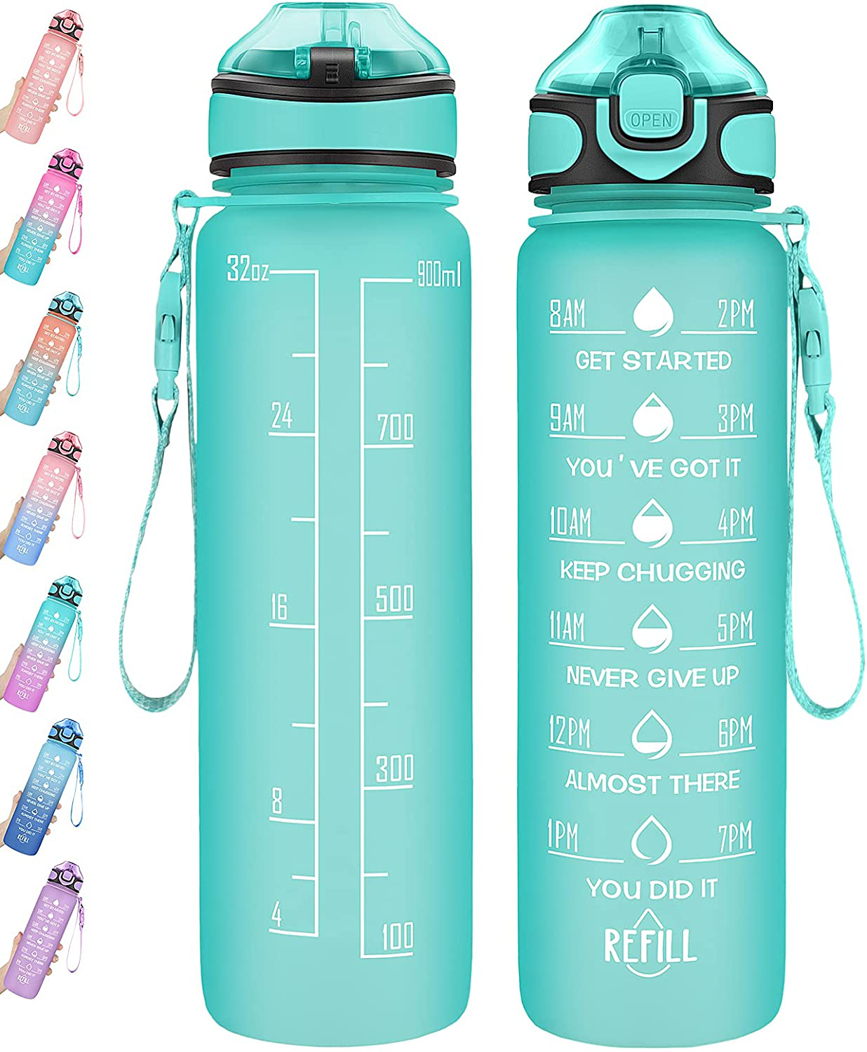 Water Bottle 32oz with Straw, Motivational Water Bottle with Time Marker & Buckle Strap,Leak-Proof Tritan BPA-Free, Ensure You Drink Enough Water for Fitness, Gym, Camping, Outdoor Sports