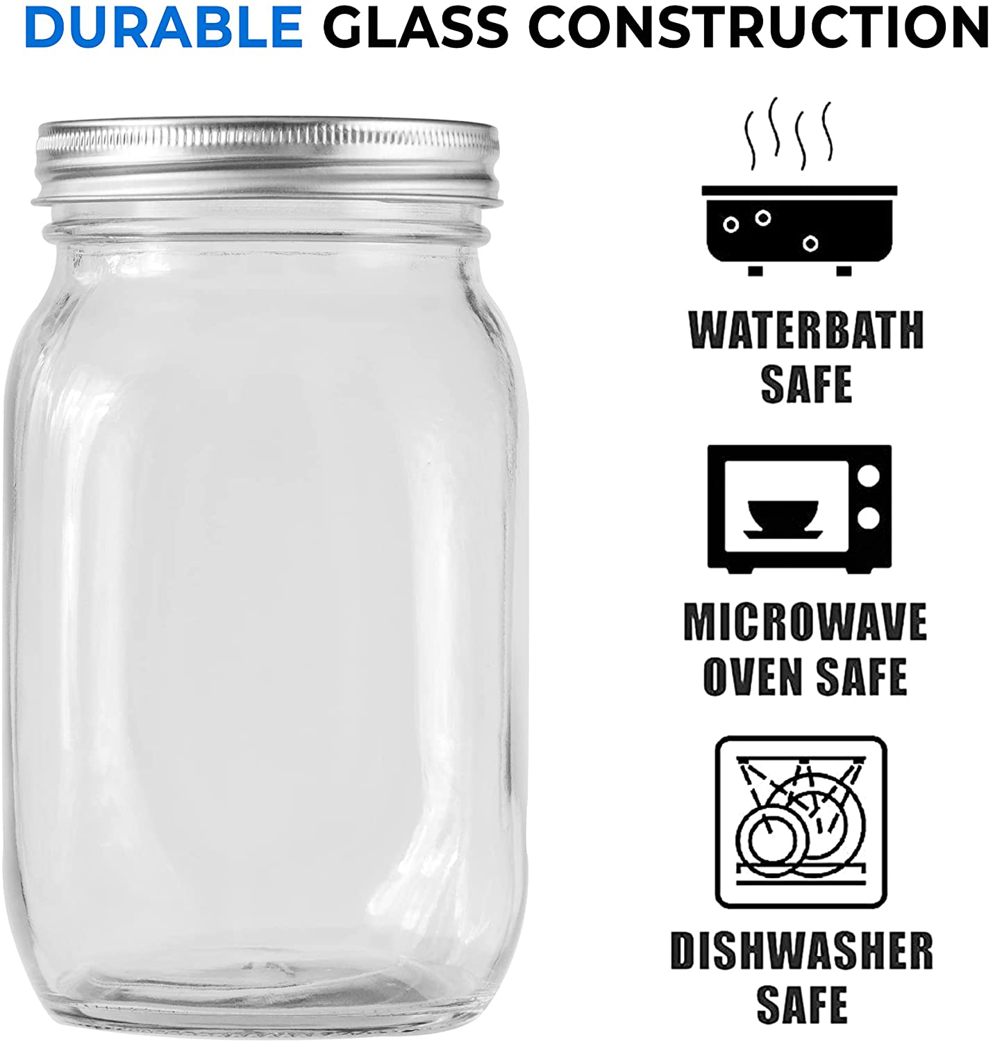 Quart Mason Jars with Lids- Large Glass Canning Jars 32oz Wide Mouth Airtight Lids for Drinks Food Storage Salads Yogurt Fruits Smoothies Meal Prep Overnight Oats (Set of 4) (32oz)