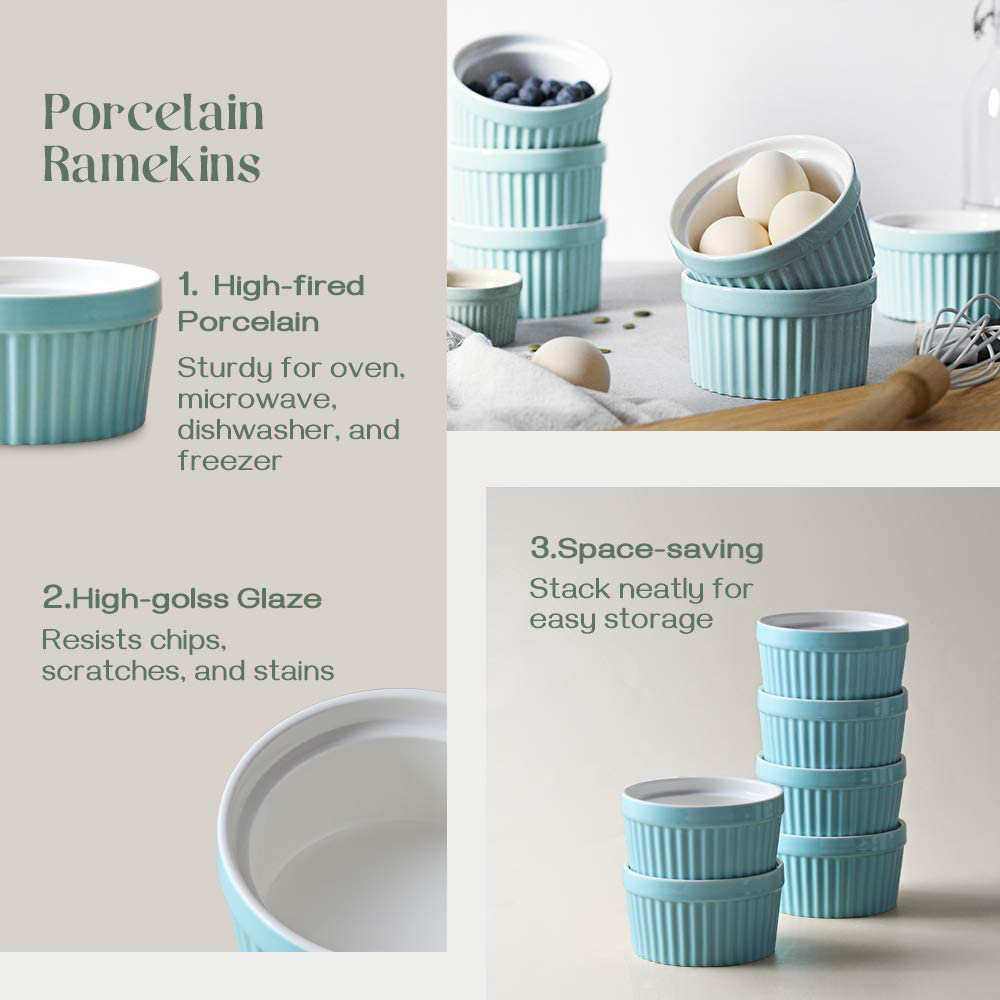 DOWAN Ramekins 6 oz Oven Safe - 6 oz Ramekins for Creme Brulee Souffle, Porcelain Ramekins for Baking, Classic Style Ramekins Bowls, Set of 6, White