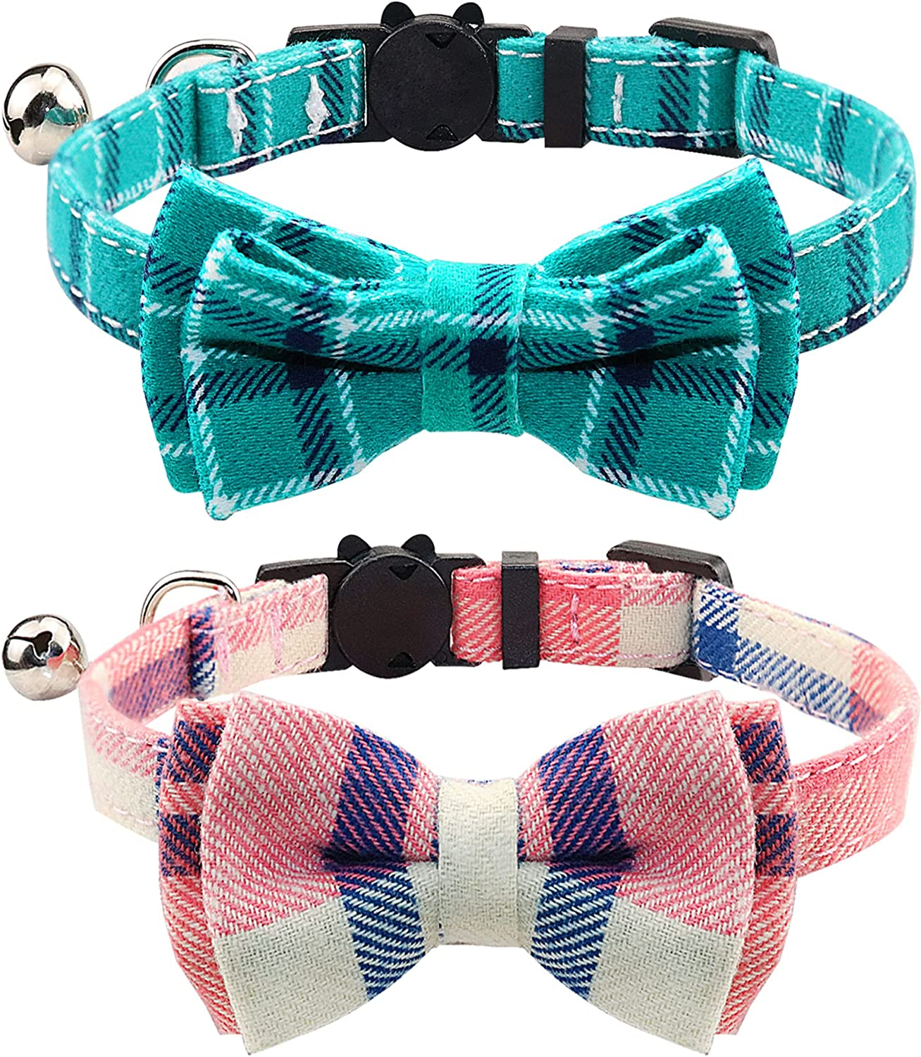 Joytale Breakaway Cat Collar with Bow Tie and Bell, Cute Plaid Patterns, 1 Pack Kitty Safety Collars,Haze Blue