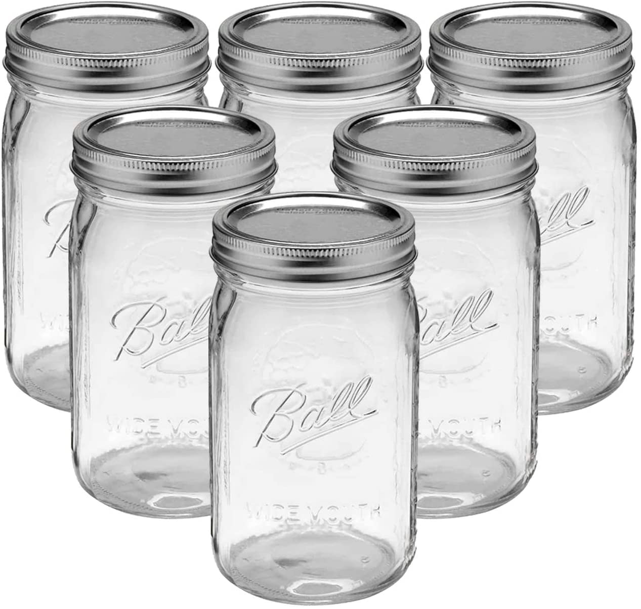 Bedoo Wide Mouth Mason Jars 32 oz with Lids and Bands 6 PACK, Quart Mason Jars with Airtight Lids , Clear Glass Mason Jars (Set of 6) (Wide Mouth)