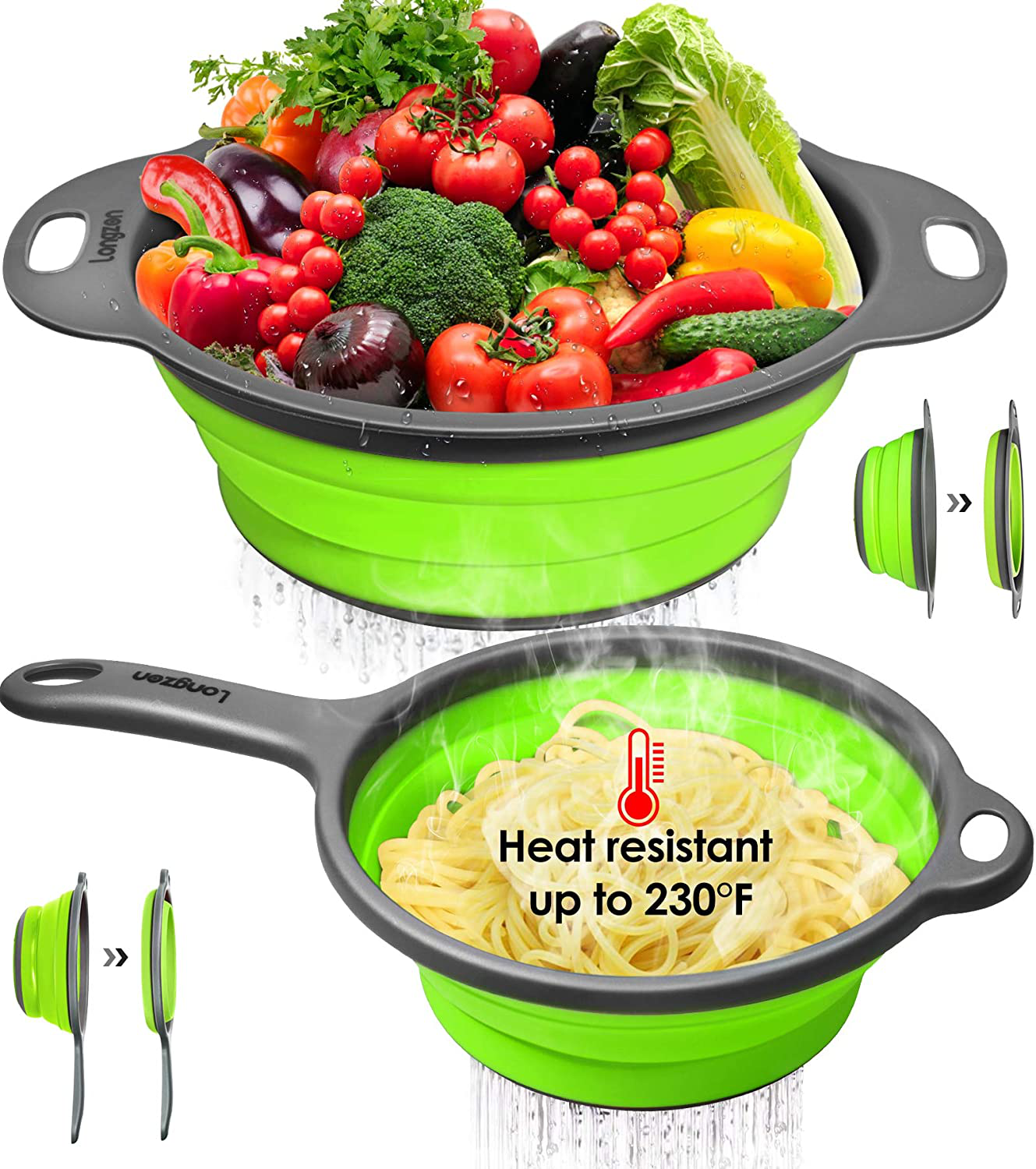 Longzon Collapsible Silicone Colanders and Strainers [2 Piece Set], Diameter Sizes 8'' -2 Quart and 9.5" -3 Quart, Pasta Vegetable/Fruit Kitchen Mesh Strainers with Extendable Handles Orange and Grey