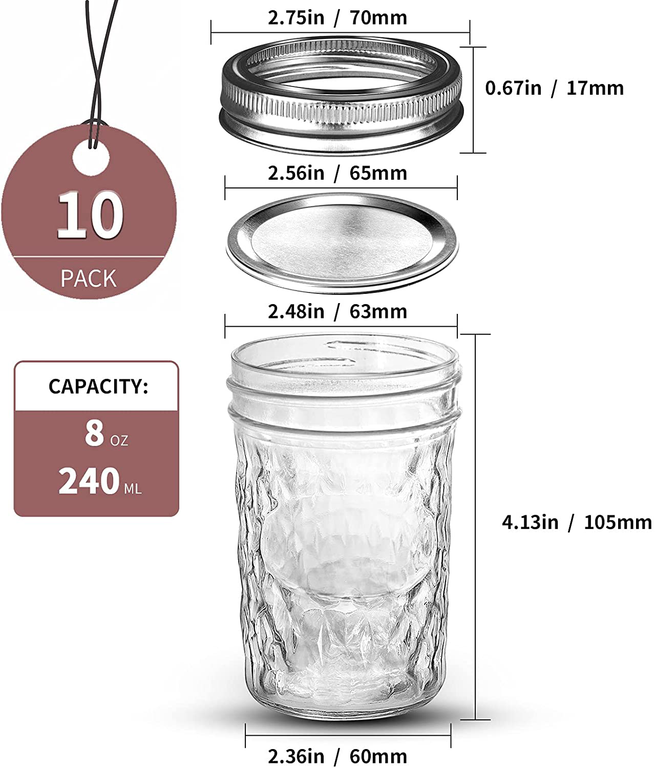 Mason Jars 8 OZ, AIVIKI Glass Regular Mouth Canning Jars with Silver Metal Airtight Lids and Bands for Sealing, Canning, Dry Food, Preserving, Jam, Honey, Jelly, Meal Prep, Overnight Oats, Food Storage, Salads 20 Pack 20 Whiteboard Labels