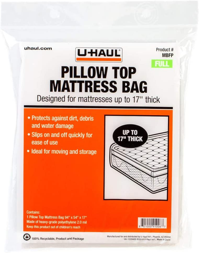U-Haul Pillow Top Full Mattress Bag – Moving & Storage Cover for Mattress or Box Spring – 94” x 54” x 17”