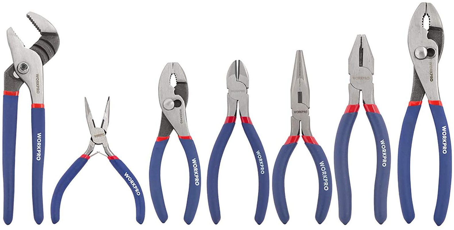 WORKPRO 7-piece Pliers Set (8-inch Groove Joint Pliers, 6-inch Long Nose, 6-inch Slip Joint, 4-1/2 Inch Long Nose, 6-inch Diagonal, 7-inch Linesman, 8-inch Slip Joint) for DIY & Home Use