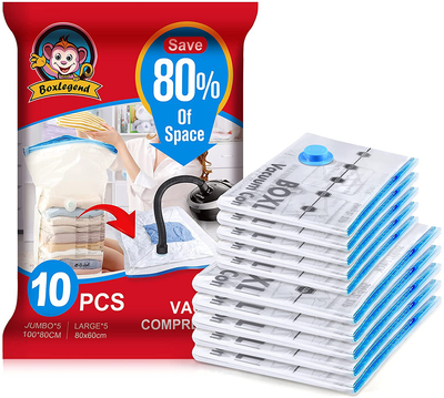 BoxLegend Space Saver Bags, 10-Pack (5 Jumbo, 5 Large) Vacuum Storage Bags for Comforters Blankets Clothes Pillows Travel Vacuum Compression Bags.