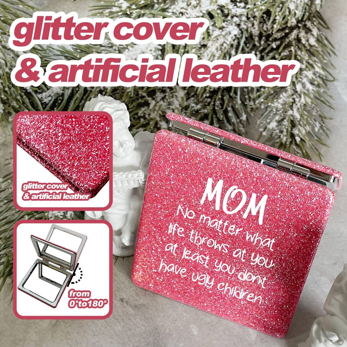 Mothers Day Mom Gifts Mirror, Compact Makeup Mirror Unique Gift for Mothers Day, Pink Glitter PU 1X/2X Magnification, Ultra Portable Pocket for Purses（Pink Square）