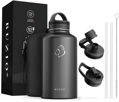 BUZIO 64 oz Water Bottle with Straw Lids, Stainless Steel Insulated Water Flask Jug, Half Gallon Canteen Metal Thermo Mug Hydro Jug, Double Vacuum Hot Cold Water Bottles Carrying Pouch, Black